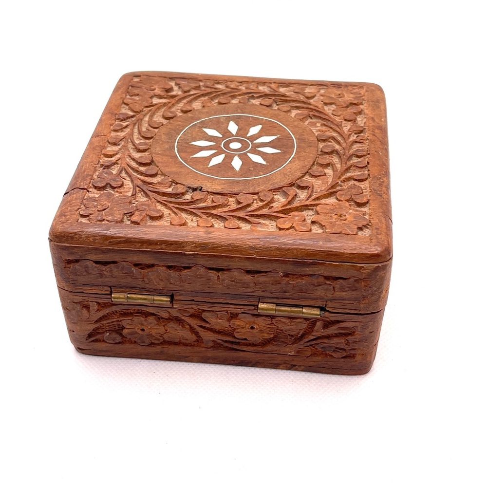 Vintage Hand-Carved Wood Jewelry Box: Floral Inlay, Blue Velvet Interior